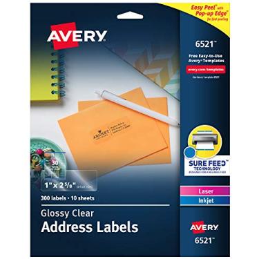 Imagem de Avery Etiquetas de endereço imprimíveis com alimentação segura, 2,5 cm x 2-5/20.3 cm, transparente, 300 etiquetas de correspondência em branco para impressoras a laser e jato de tinta (6521)