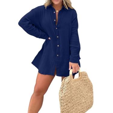 Imagem de Conjunto de macacão Barcelona Breeze, camisa longa de crepe de camada dupla + shorts, saída de praia de linho com fenda, conjuntos curtos (Blue,X-Large)