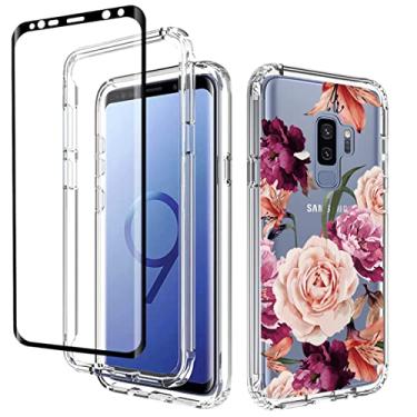 Imagem de Ueokeird Capa para Galaxy S9+/S9 Plus SM-G965U com protetor de tela de vidro temperado, linda estampa floral transparente capa protetora para celular para Samsung Galaxy S9 Plus (flor roxa)