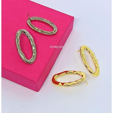 Imagem de Brinco Feminino orgânico Metal Martelado Vazado Grande Folhado Ouro 18K Dourado e Prata Luxo Tendência