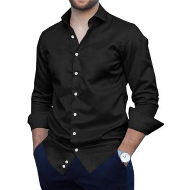 Imagem de Runcati Camisa social masculina de seda abotoada manga longa slim fit business casual cetim, Preto, M
