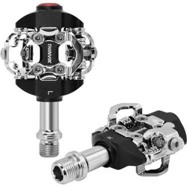 Imagem de THINVIK Pedais de Mountain Bike Clipless para Shimano SPD CNC Cr-Mo DU rolamentos de eixo Pedais de alumínio com travas - Pedais de plataforma dupla para sapatos de BTT - Fácil de colocar e retirar