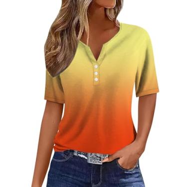 Imagem de Camiseta feminina Henley de cor lisa, caimento solto, casual, manga curta, túnica, camiseta de treino de verão, Laranja, GG