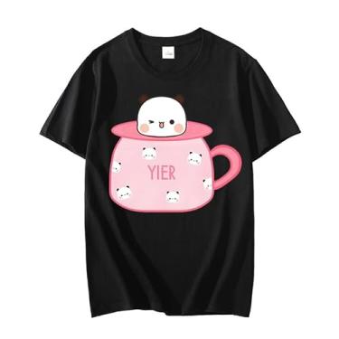 Imagem de Camisetas femininas engraçadas com estampa de xícara de chá Yier rosa e gola redonda, Preto, XXG