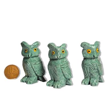 Imagem de 03 Coruja Verde Esculpida em Dolomita Pedra para Decoração