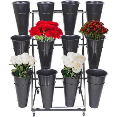 Imagem de Suporte de exibição de flores em escada com baldes, suporte para plantas rolantes sobre rodas, prateleira interna para carrinho de flores ao ar livre para florista, jardim, pátio, balde pret