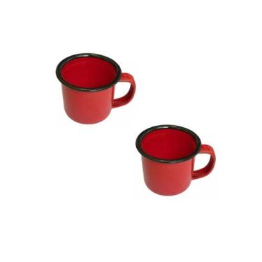 Imagem de Kit Retrô 2 Canecas Esmaltada Vermelha Xícara Inquebrável Polida Lisa 