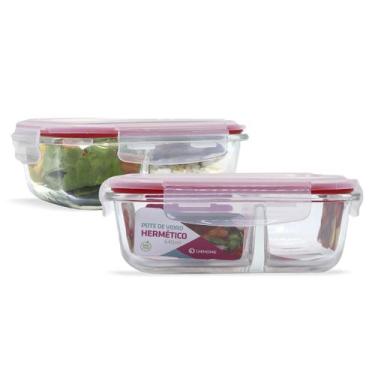 Imagem de Kit 2 Potes Vidro Hermético Com Divisória 640ml Marmita Fit - U4home, 