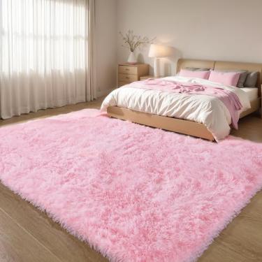 Imagem de KCHOWUA Tapetes de área fofos rosa felpudo para quarto de meninas, 1,5 x 2,4 m, lavável na máquina, tapete grande de pelúcia pastel para sala de estar, tapetes modernos e macios peludos para berçário
