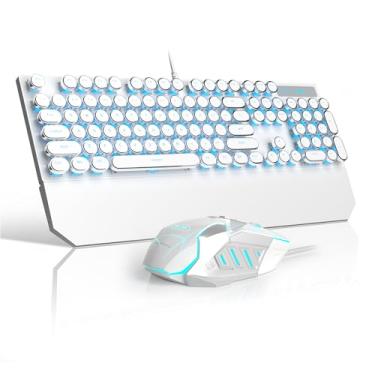 Imagem de Combo de teclado gamer mecânico estilo máquina de escrever retrô branco e mouse, teclado com switches lineares vermelhos, tamanho completo, com fio, iluminação, para jogos, trabalho, Mac, PC, Windows