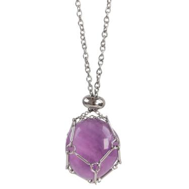 Imagem de FANASY Colar com suporte de cristal – Gaiola de aço inoxidável para pedras, colar com pingente de cristal com comprimento ajustável, joia de pedra preciosa natural para mulheres e homens, Gema, Ametista polida