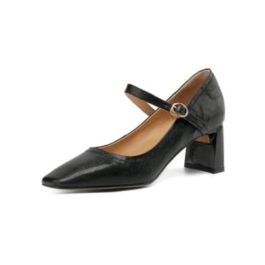 Imagem de TinaCus Sapato feminino de bico quadrado de couro legítimo com fivela ajustável, salto médio, feito à mão Mary Jane, Preto, 34