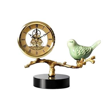 Imagem de Relógio de Mesa Assento vintage luxuoso relógio para casa decoração silenciosa relógio latão mostrador cerâmica decoração pássaro Relógio de Mesa
