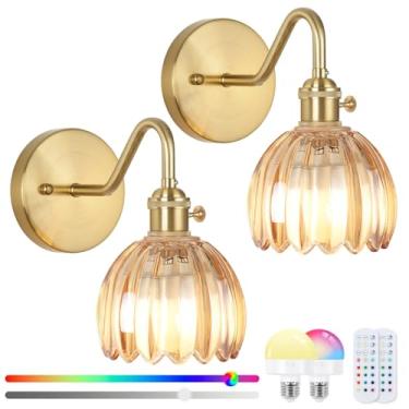 Imagem de Arandela de parede vintage operada por bateria, conjunto de dois arandelas de parede com controle remoto RGB regulável, luzes de parede sem fio recarregáveis com controle remoto para quarto e sala de