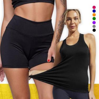 Imagem de Kit Conjunto Fitness SHORT Legging BÁSICO Cós Alto +  Regata Malha Fri