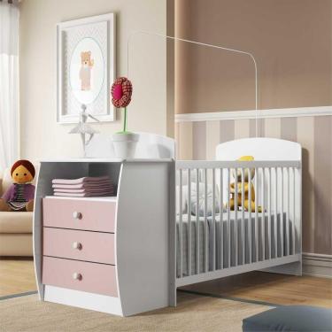 Imagem de Berço Rafael com Gavetas Branco e Rosa para Colchão 130x60