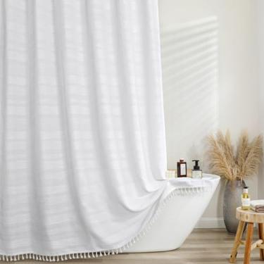 Imagem de OVZME Cortina de chuveiro branca de 192 cm de comprimento, boho fazenda de tecido listrado grosso hotel cortina de chuveiro com borla, minimalista, texturizada, pesada, lavável na máquina, decoração
