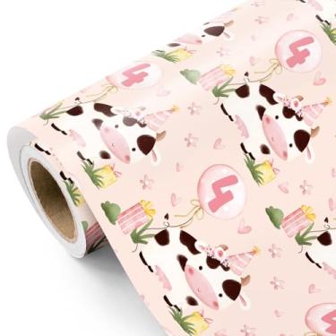 Imagem de WRAPAHOLIC Papel de embrulho de 4º aniversário para meninas - Mini rolo - 43 cm x 40 cm - balão de 4º aniversário e papel de embrulho de vaca fofo perfeito para crianças, meninas, chá de bebê