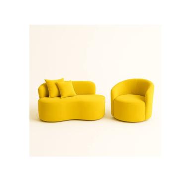 Imagem de Conjunto 01 Poltrona + Sofá Curvo Orgânico Nature Gaia Suede Amarelo - Montanaris Decor
