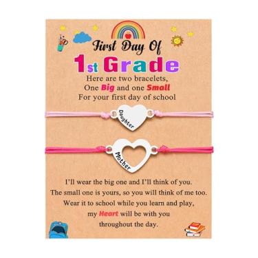 Imagem de UNGENT THEM Pulseira de coração combinando mãe filha volta às aulas Mommy and Me First Day of School Pulseira para filha meninas, Adjustable from 9 to 11 inches, Nylon, Zircônia cúbica