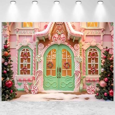 Imagem de Sweet Christmas Candy Gingerbread House Pano de fundo para sessão de fotos Candyland Inverno Floco de Neve Crianças Recém-nascidos Chá de Bebê Decoração de Festa de Aniversário Fundo Festivo de Natal