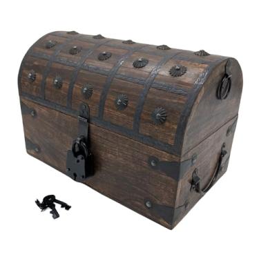 Imagem de Baú de tesouro pirata de madeira feito à mão com fechadura e chave - Inclui acessórios náuticos: bússola, espião, apito do capitão, roda de navio, ampulheta e mais (grande 33 x 8 x 9)