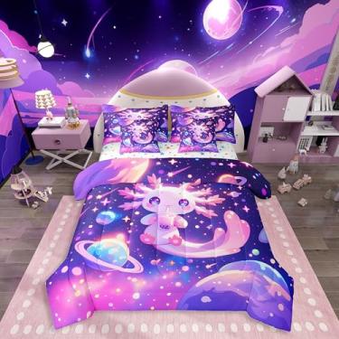 Imagem de Feelyou Conjunto de edredom infantil fofo de axolote com lençol solteiro, galáxia, planeta, espaço, 7 peças, desenho animado, animal, 7 peças, 7 peças