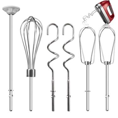 Imagem de Acessórios de batedeira manual para KitchenAid, batedeira, ganchos de massa e vareta de mistura líquida, acessórios de aço inoxidável para batedeiras manuais KHM3/5/7/9, KHM926/512, conjunto de 6