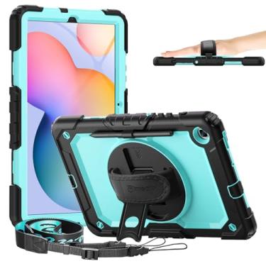 Imagem de Capa Timecity compatível com Samsung Galaxy Tab S6 Lite 10,4" 2020 (SM-P610/P615), com suporte de caneta protetor de tela integrado e suporte giratório de 360 graus e alça de mão e alça de ombro, Black+Light Blue, For 2020 Galaxy Tab S6 Lite 10.4 inch