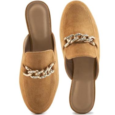 Imagem de Ecetana Mules Sapatilhas femininas confortáveis de corrente de metal strass bico redondo sem costas sem costas mocassins sem cadarço casuais, Marrom, 37