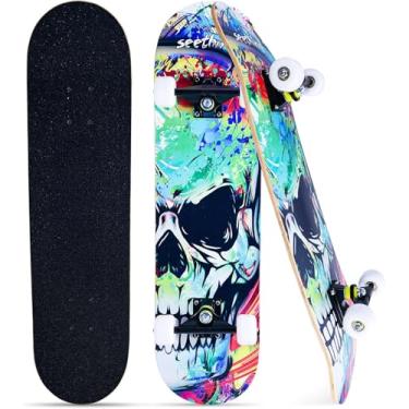 Imagem de Skates para iniciantes, crianças, meninos, meninas e adultos, 78 x 20 cm, 7 camadas de bordo côncavo duplo, fascinante legal, sólido e durável (Caveira)