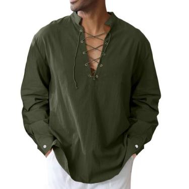 Imagem de Camisa CTU masculina de algodão e linho medieval Viking Army Green XL