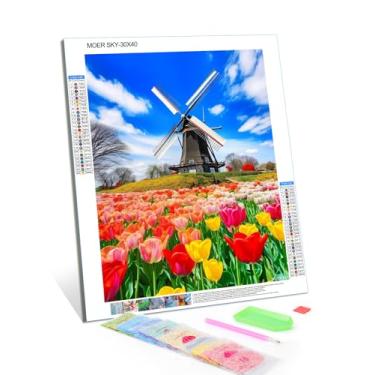 Imagem de Pintura de diamante de moinho de vento de jardim de tulipas faça você mesmo, pintura por números para iniciantes, kits de arte de diamante redondo completo para decoração de quarto, decoração de