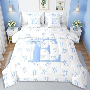 Imagem de Erosebridal Conjunto de edredom solteiro com letra E com 7 peças, Kawaii, com laço, fita azul, princesa, para crianças, meninas, fantasia e laço