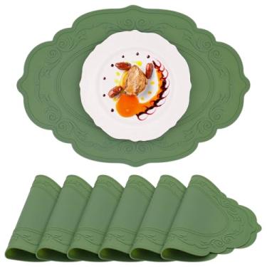 Imagem de yuuzue Jogo americano de silicone, conjunto de 6, jogo americano oval, resistente ao calor, impermeável, limpável, antiderrapante, protetor de mesa para cozinha vintage para ambientes internos e