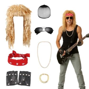 Imagem de YMO 8 peças de fantasia de roqueiro dos anos 80 para homens, fantasia de rock dos anos 80 para festa masculina com peruca, acessórios de roupa de Halloween dos anos 80