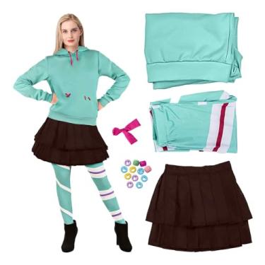Imagem de ZZXIAOJIE Vane Fantasia feminina cosplay Halloween verde menta moletom com capuz manga comprida conjunto meia-calça Natal, Verde, GG