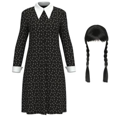 Imagem de KamdFoen Fantasias de Halloween para mulheres, gola branca, manga comprida, evasê, vestido com estampa preta, fantasia preta com peruca trançada M