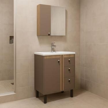 Imagem de Gabinete de Banheiro 88cm 3 Gavetas Espelheira 1 Porta Cuba (Havana/Jequitiba)