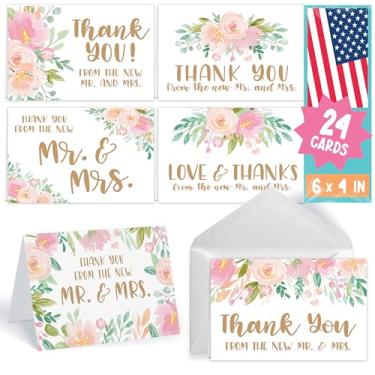 Imagem de 24 cartões de agradecimento de casamento floral rosa com envelopes, elegante chá de panela nota de agradecimento do novo Mr. & Mrs. Newlywed Flower Gratitude Supplies, 4x6 personalizado Bulk So Grateful Stationery