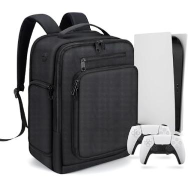 Imagem de GDNasist Mochila de jogos para PS5, capa protetora de viagem compatível com console PlayStation 5, monitor portátil, laptop de 15,6 polegadas, fone de ouvido, discos de jogos e acessórios de jogos