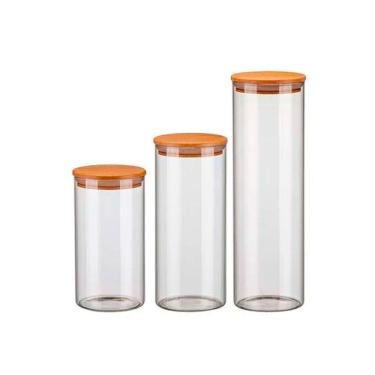 Imagem de Kit 3 Potes Vidro Porta Condimentos Tampa Madeira Bambu