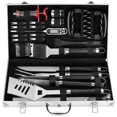 Imagem de Kit Churrasco na Grelha 26 Peças de Aço Inoxidável, Termômetro e Injetor de Carne com Estojo de zenamento, POLIGO, Prateado