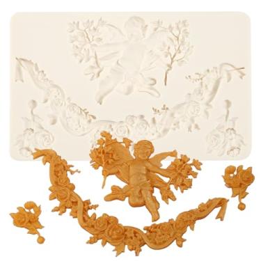 Imagem de IKOJING Molde de silicone grande de anjo vintage, molde de fondant reutilizável para decoração de bolo barroco, para decorações de sobremesa de festa de casamento, topos de cupcake, chocolate, açúcar