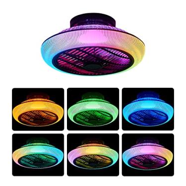 Imagem de Ventiladores de teto RGB com luzes e alto-falante remoto APP Ventilador de teto com lâmpada de cor variável LED Ventilador de teto com música regulável Lustre de 6 velocidades reversível par