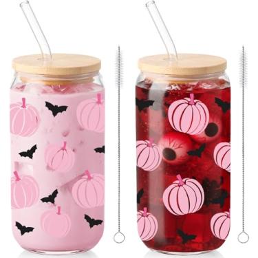 Imagem de Sliner 2 peças de copos de vidro de Halloween rosa abóbora morcego bebendo copo presente outono Ação de Graças 473.6 g bonito copo de café gelado com tampa escova de limpeza para outono, casa