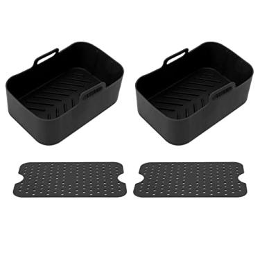 Imagem de 2 conjuntos de cesta e tapete de silicone para fritadeira de cozinha reutilizáveis ​​antiaderentes retangulares acessórios para forno de ar para DZ201 Foodi 8QT Ajuste perfeito (Preto)