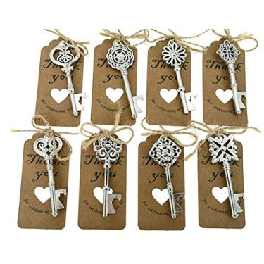 Imagem de 80 peças abridor de garrafas de chave de esqueleto presente de lembrança de festa de casamento com etiqueta de escolta e corda de juta (tom prateado, 8 estilos)