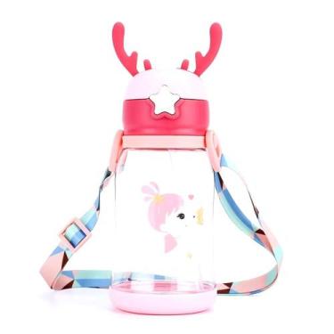 Imagem de Garrafa Infantil Personagens Chifrinhos Alce 600ml Com Canudo e Cordão