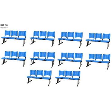 Imagem de Kit com 10 Cadeiras Longarina PLÁSTICA 03 Lugares Cor Azul Mastcmol